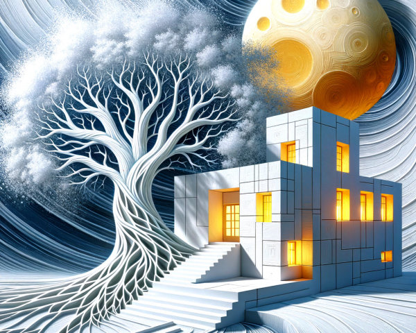Surreal Landscape with White Building and Twisting Tree