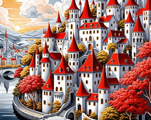 Whimsical Castle Landscape with Autumn Colors and Sunset