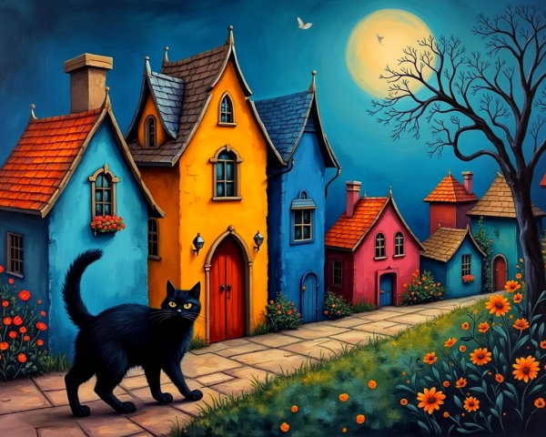 Charming Colorful Houses Under a Moonlit Sky