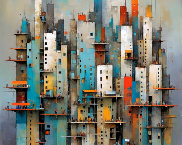 Abstract Cityscape with Colorful Buildings and Figures