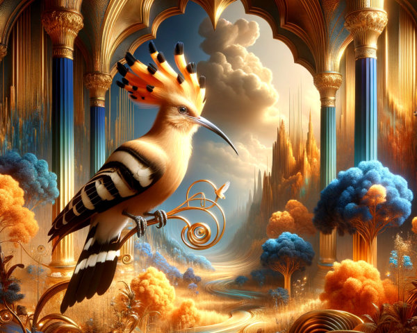 Vibrant Bird on Golden Vines in Fantastical Landscape