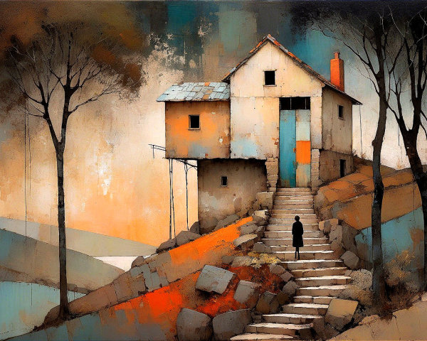 Abstract House on Rocky Terrain with Geometric Shapes