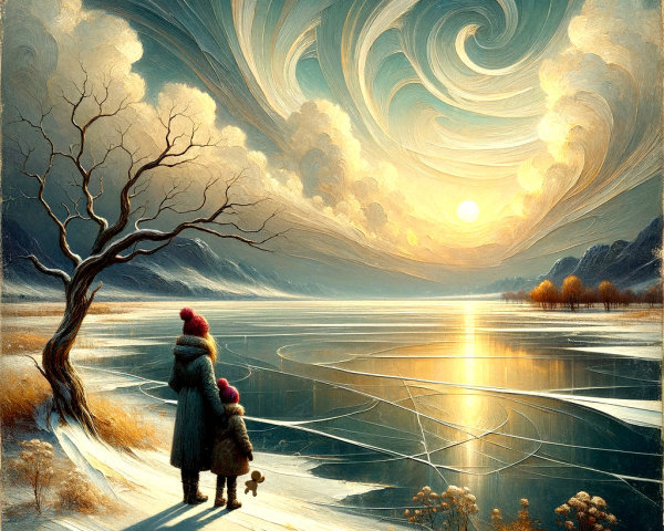 Winter Landscape with Woman and Child by Frozen Lake