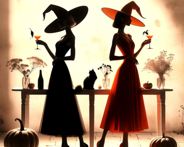 Silhouetted Women in Witch Attire with Autumn Decor