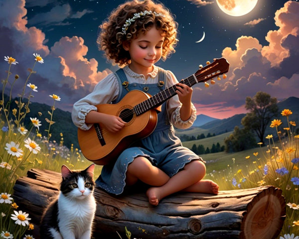 Digital Painting of Child with Guitar and Cat Under Moon