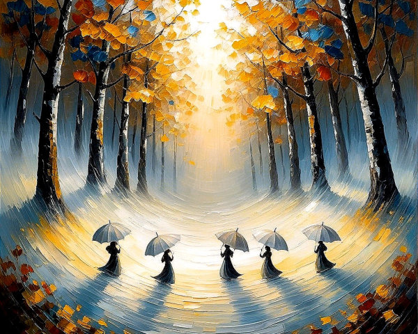 Autumn Scene with Figures in Flowing Dresses and Umbrellas
