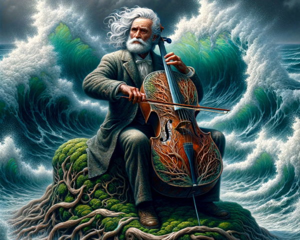 Elderly Man Playing Cello on Mossy Rock Amid Waves