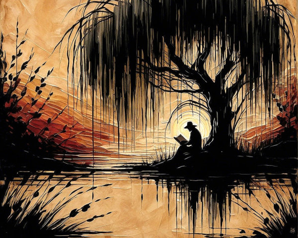 Silhouetted Figure Reading Under a Willow Tree at Sunset