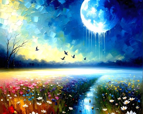 Vibrant Meadow with Flowers Under Starry Night Sky