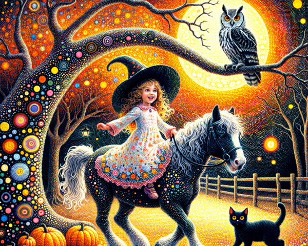 Whimsical Scene of Girl on Horse Under Full Moon