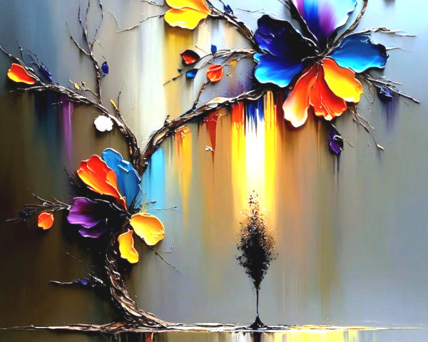 Impasto Oil Painting of Multicolored Flowers and Tree