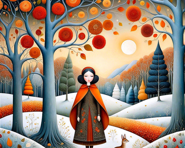 Whimsical Autumn Landscape with Girl and Fox