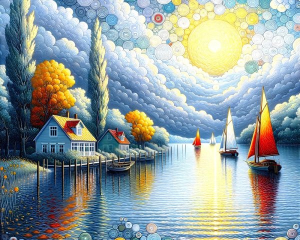 Tranquil Lakeside Sunset with Colorful Sailboats