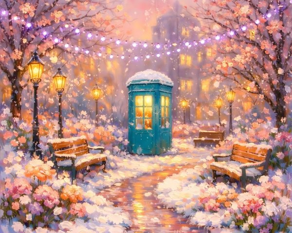 Winter Park Scene with Cherry Trees and Phone Booth