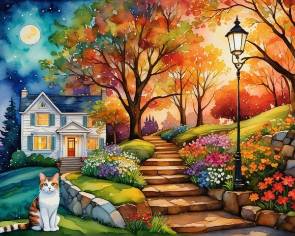 Autumn Scene with White House and Vibrant Trees