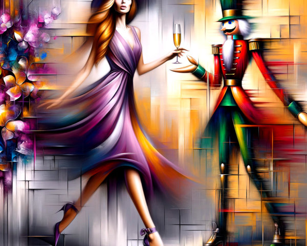 Oil Painting of a Lady in Motion with Nutcracker Background