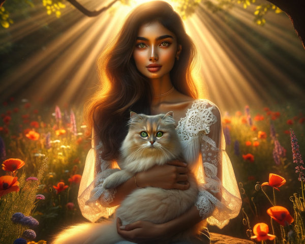 Young woman with cat in sunlit flower meadow