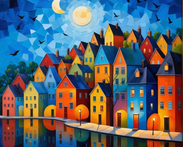 Colorful Landscape of a Whimsical Town at Night