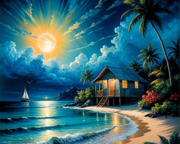 Twilight Beach Scene with Cabin and Sailboat