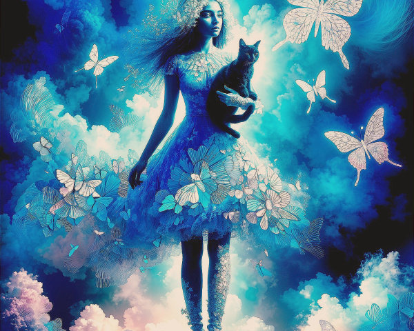 Ethereal Scene with Figure, Cat, and Butterflies