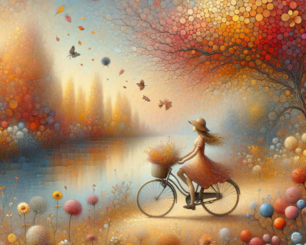 Serene Landscape with Woman Cycling by a River