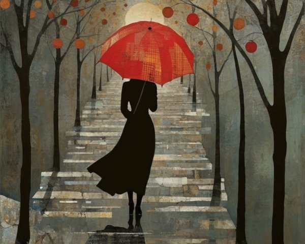 Silhouette of Woman with Red Umbrella on Staircase