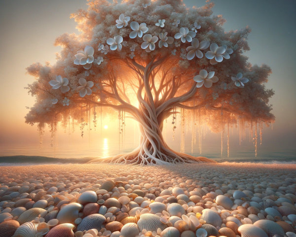 Surreal Scene of Majestic Tree and Sunset Beach