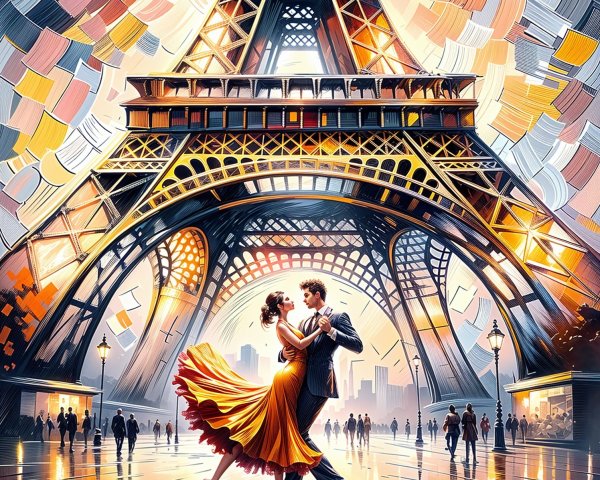 Couple Dancing Under Eiffel Tower in Vibrant Scene