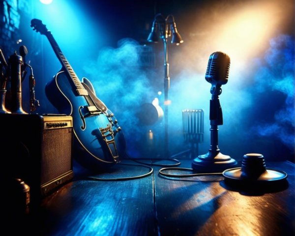 Atmospheric Music Stage with Guitar and Microphone