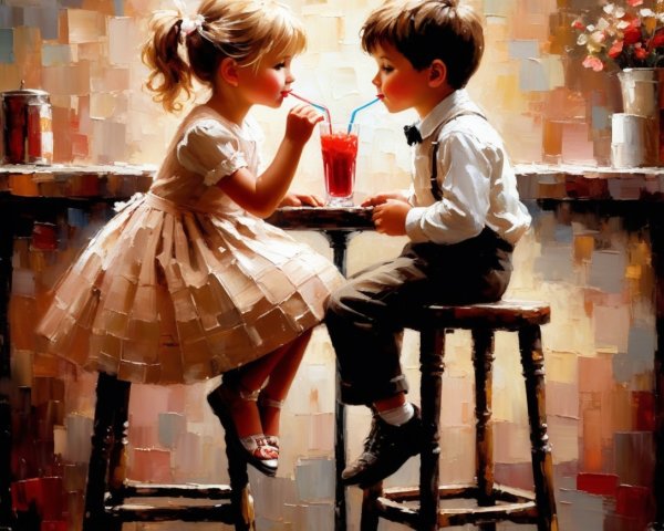 Impressionistic Oil Painting of Two Children at Bar Counter