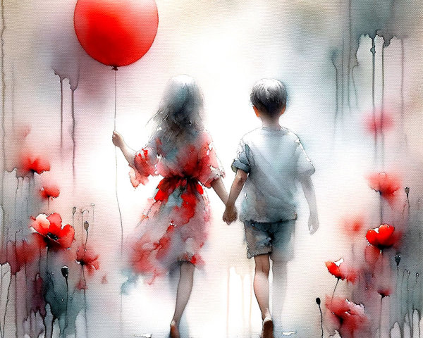 Children in a Dreamy Landscape with Flowers and Balloons