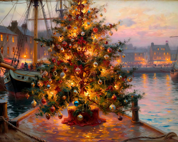 Vibrantly Lit Christmas Tree at a Bustling Harbor Dock