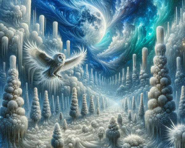 Surreal Icy Landscape with Cosmic Sky and Owl