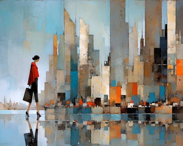 Silhouetted Woman in Red Shawl Against City Skyline