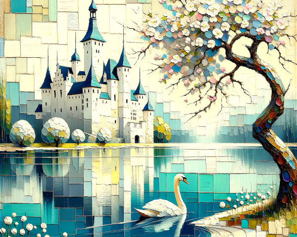 Majestic castle landscape with swan and blooming flowers