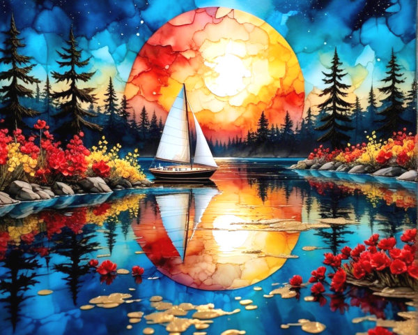 Vibrant Landscape with Sunset and Serene Lake