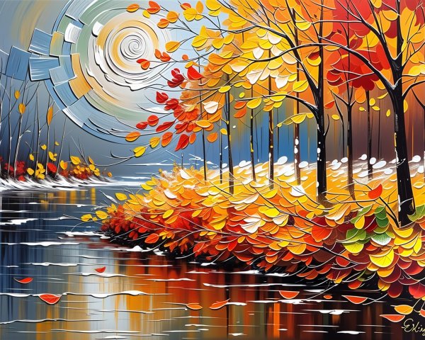 Vibrant Autumn Landscape with Flowing Water and Trees