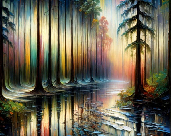 Serene forest scene with vibrant colors and reflections