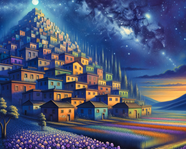 Vibrant Dreamlike Landscape with Colorful Pyramid City