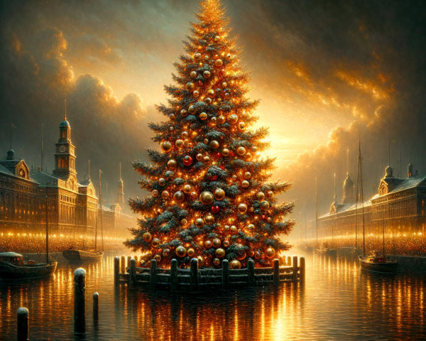 Decorated Christmas Tree in Water with Golden Lights