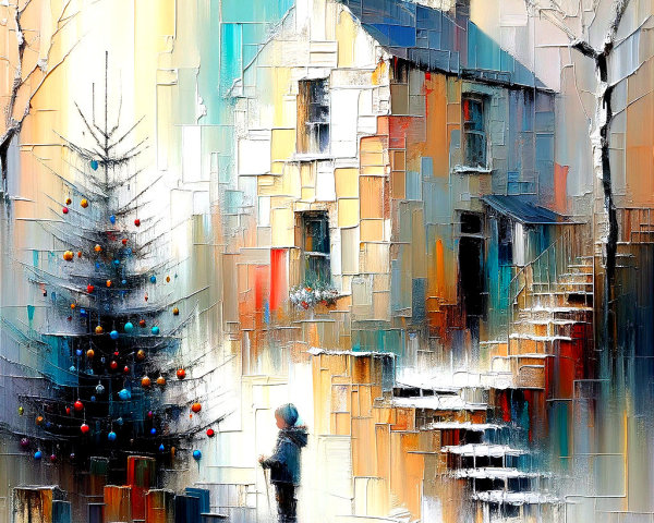 Winter Scene with House, Christmas Tree, and Child