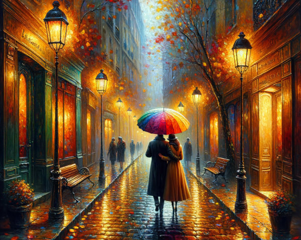 Couple Walking with Umbrella on Rainy Cobblestone Street