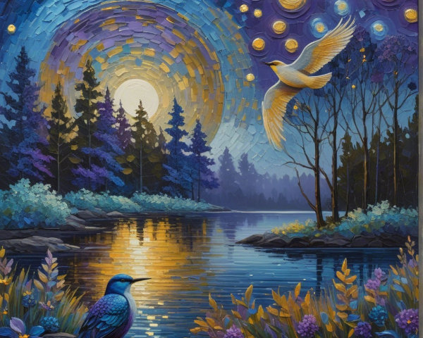 Vibrant Twilight Landscape with Lake and Wildlife