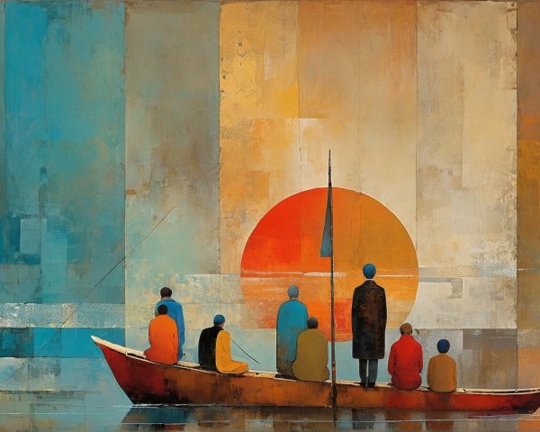 Serene Landscape with Stylized Boat and Warm Sunset