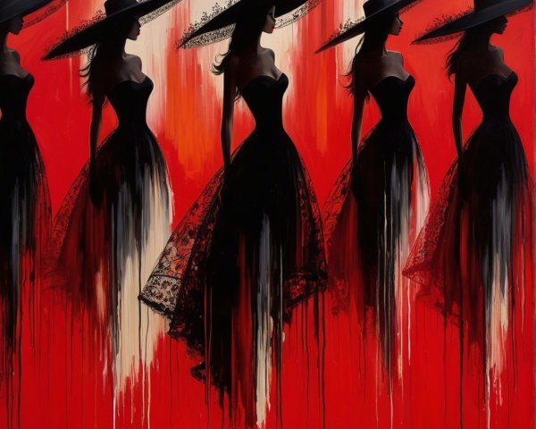 Elegant Silhouettes of Women in Black Dresses on Red