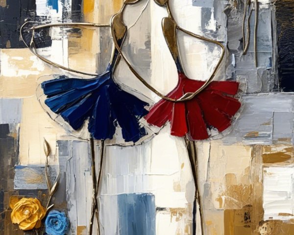 Abstract Painting of Ballerinas in Motion with Flowers