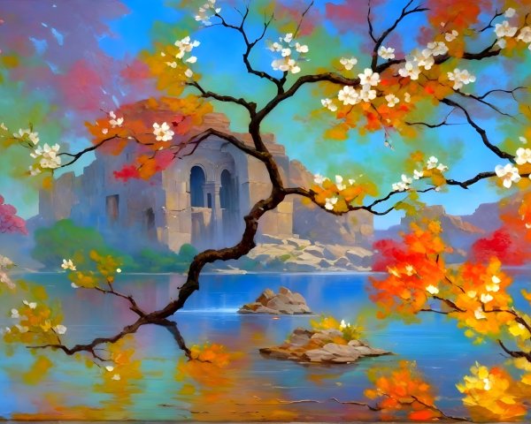 Serene Lakeside Scene with Autumn Foliage and Ruins