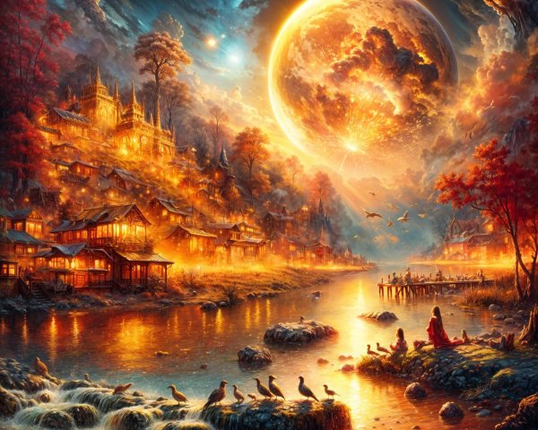 Vibrant Fantasy Village by Tranquil River at Night