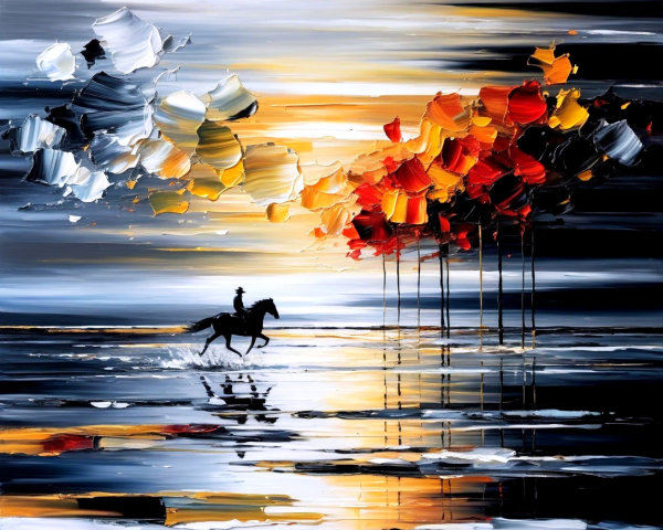 Cowboy on Horse in Sunset Reflections Over Water