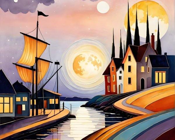 Whimsical Coastal Scene with Vibrant Harbor at Dusk
